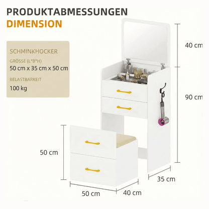 3-in-1 Schminktisch mit Klappspiegel & Stauraum