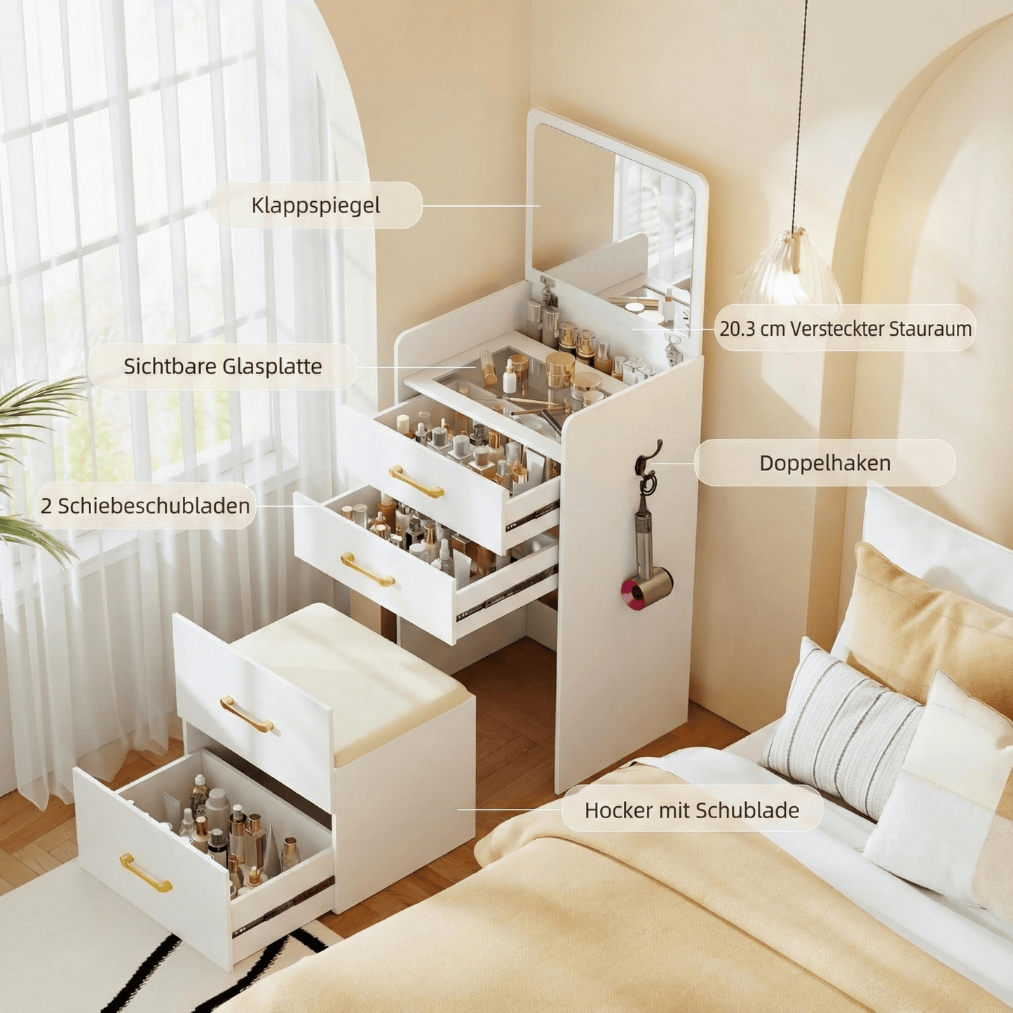 3-in-1 Schminktisch mit Klappspiegel & Stauraum
