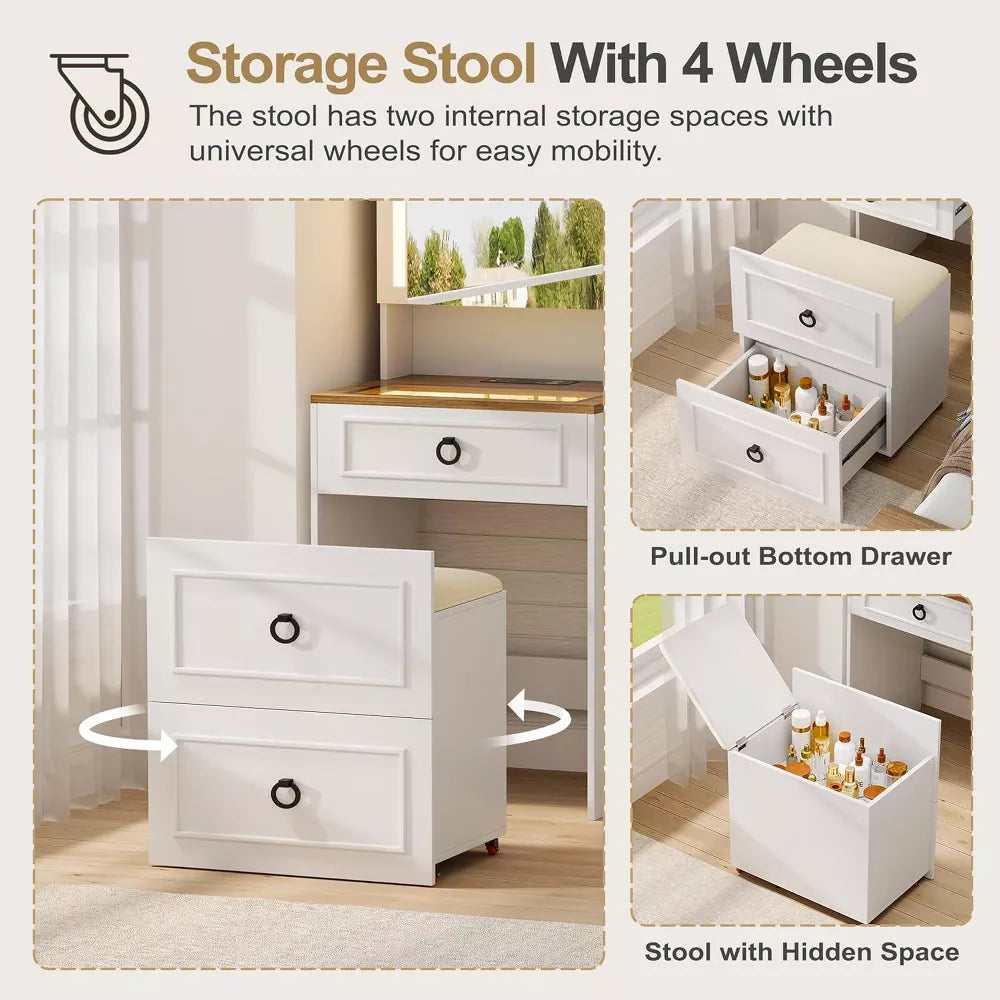 3-in-1 Schminktisch mit LED-Spiegel und Hocker