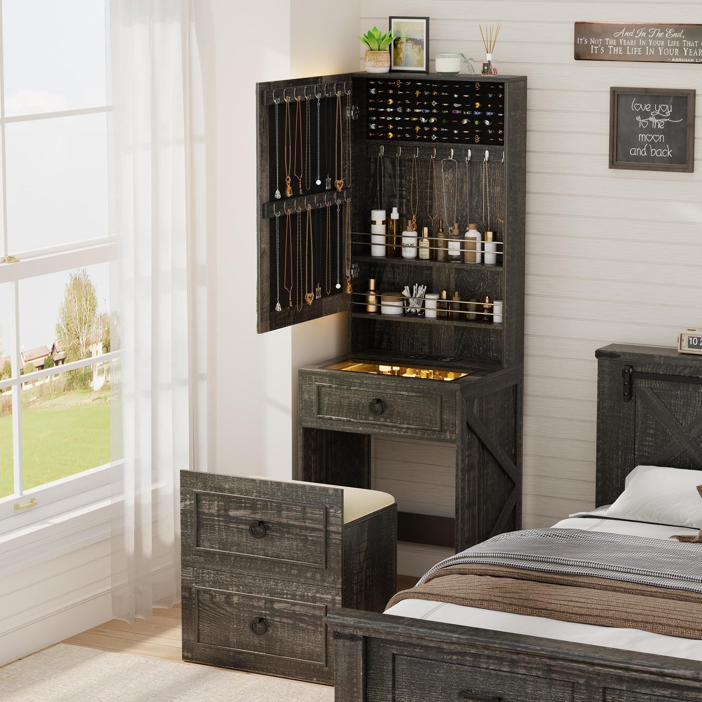 3-in-1 Schminktisch mit LED-Spiegel und Hocker