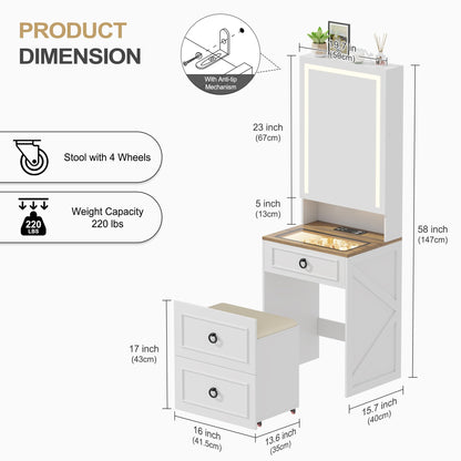 3-in-1 Schminktisch mit LED-Spiegel und Hocker