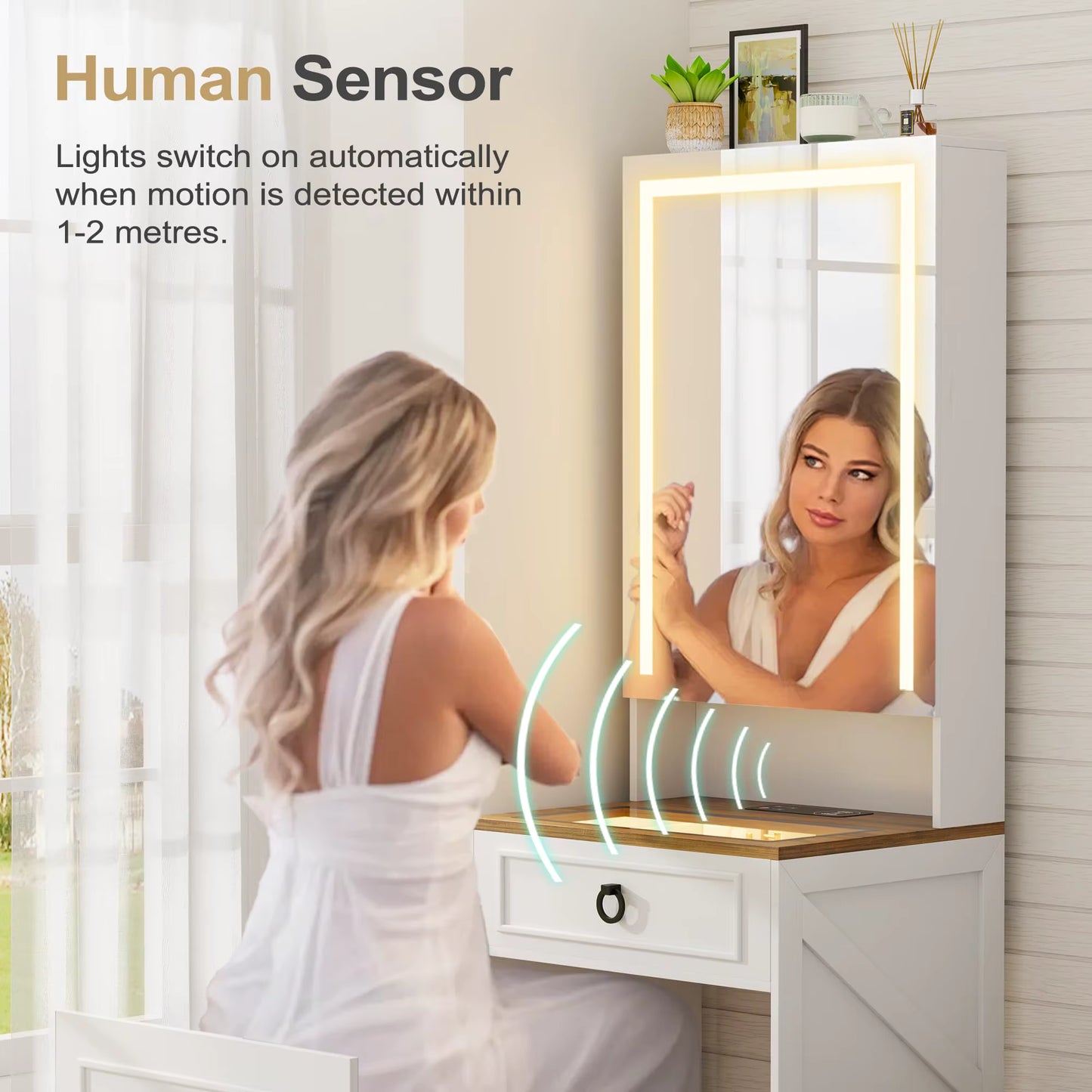 3-in-1 Schminktisch mit LED-Spiegel und Hocker