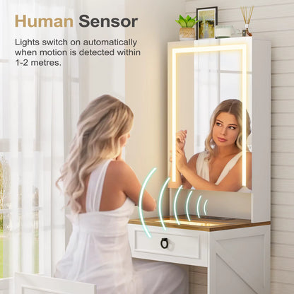 3-in-1 Schminktisch mit LED-Spiegel und Hocker