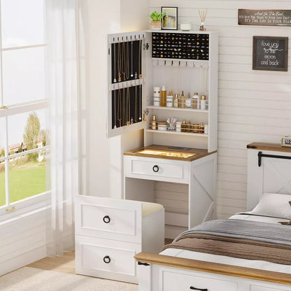 3-in-1 Schminktisch mit LED-Spiegel und Hocker